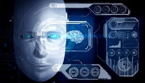 Robot humanoid face close up with graphic concept of big data analytic Stock Illustration