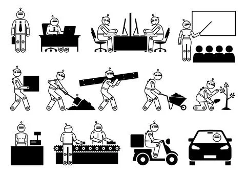 Robot humanoid industrial cyborg worker working in different industries. Vect Illustrazione stock