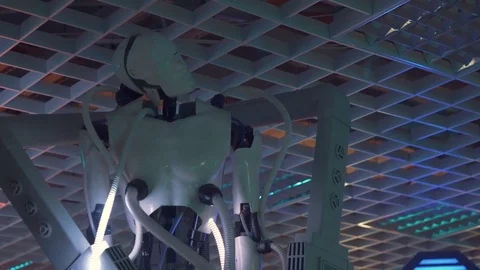 Robot Humanoid with light tubes fixed to the platform lights imitate life 스톡 동영상 98821700