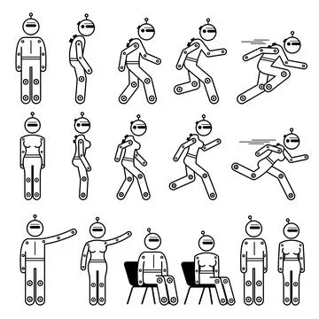 Robot humanoid robotic cyborg human male and female basic poses and actions.  Illustrazione stock