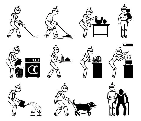 Robot humanoid robotic house helper maid housework caretaker cyborg working c Stock Illustration