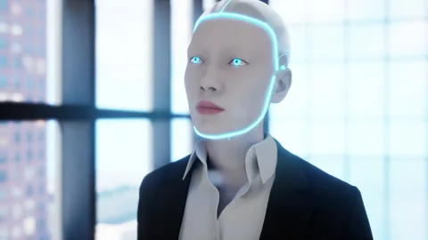 A robot humanoid staying in the empty office and looking out the window at the Stock Footage 255783148