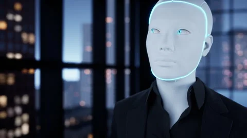 A robot humanoid staying in the empty office and looking out the window at the Stock Footage 256146438