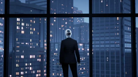 A robot humanoid staying in the empty office and looking out the window at the Stock Footage 256150240