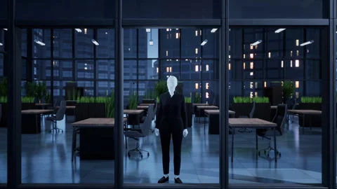 A robot humanoid staying in the empty office and looking out the window at the Stock Footage 256153589