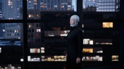 A robot humanoid staying in the empty office and looking out the window at the Stock Footage 256181803