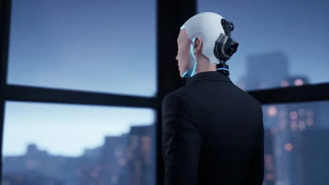 A robot humanoid staying in the empty office and looking out the window at the Stock Footage 256579646