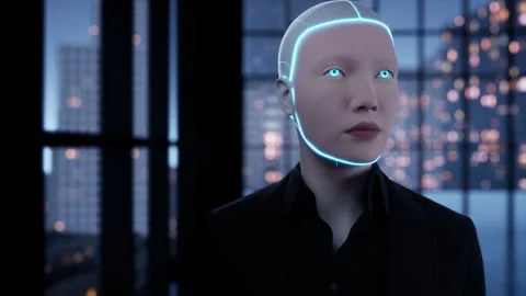 A robot humanoid staying in the empty office and looking out the window at the Stock Footage 256582869