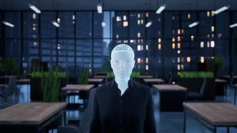A robot humanoid staying in the empty office and looking out the window at the Stock-Illustration