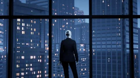 A robot humanoid staying in the empty office and looking out the window at the Illustrazione stock