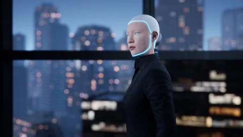 A robot humanoid staying in the empty office and looking out the window at the Stock-Illustration