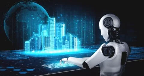 Robot humanoid use laptop and sit at table for global network connection Stock Illustration
