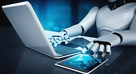 Robot humanoid use laptop and sit at table in future office Stock Illustration