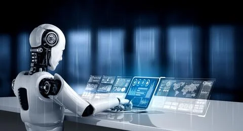 Robot humanoid use laptop and sit at table for big data analytic Stockillustratie