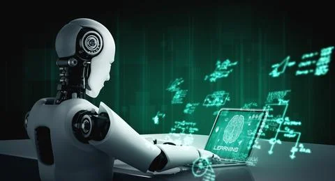 Robot humanoid use laptop and sit at table in concept of AI thinking brain Stock Illustration