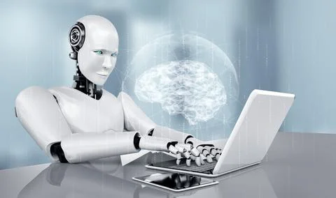 Robot humanoid use laptop and sit at table in concept of AI thinking brain Stock Illustration
