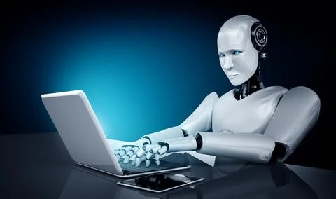 Robot humanoid use laptop and sit at table in future office Stock Illustration