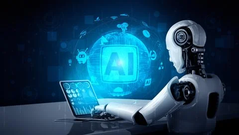 Robot humanoid use laptop and sit at table in concept of AI thinking brain Stockillustratie