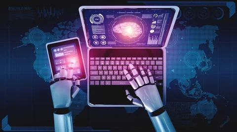 Robot humanoid use laptop and sit at table in concept of AI thinking brain Stock Illustration