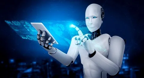 Robot humanoid use mobile phone or tablet for big data analytic Illustrazione stock