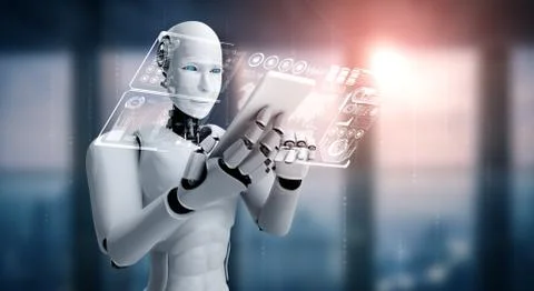 Robot humanoid use mobile phone or tablet for big data analytic Stockillustratie