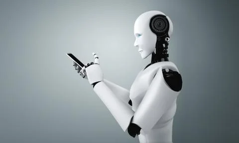 Robot humanoid use mobile phone or tablet in future office Stock Illustration