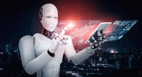 Robot humanoid use mobile phone or tablet for big data analytic Illustrazione stock