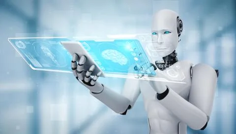 Robot humanoid use mobile phone or tablet in concept of AI thinking brain Stock Illustration