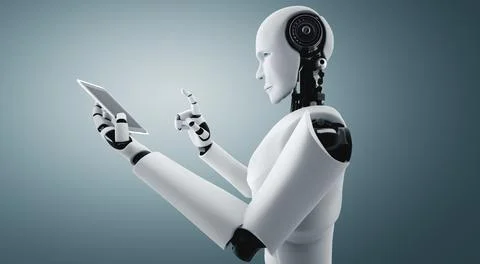 Robot humanoid use mobile phone or tablet in future office Stock Illustration