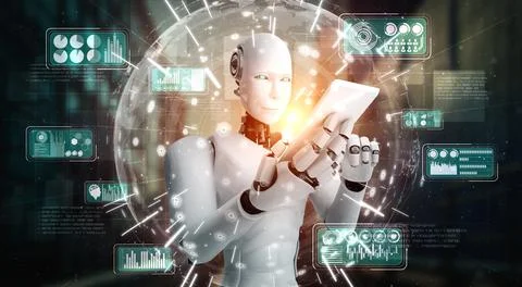 Robot humanoid use mobile phone or tablet for big data analytic Stockillustratie