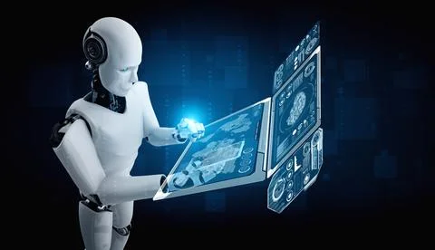 Robot humanoid use mobile phone or tablet for big data analytic Stock Illustration