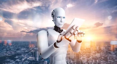 Robot humanoid use mobile phone or tablet for global network connection Stock Illustration
