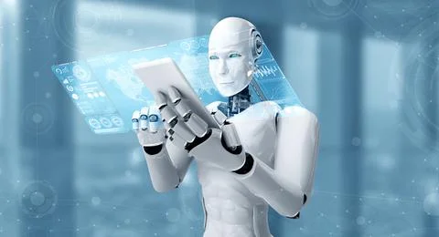 Robot humanoid use mobile phone or tablet for big data analytic イラスト素材