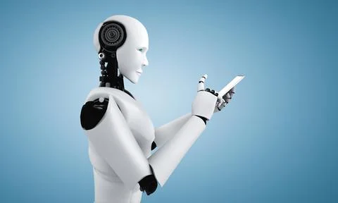 Robot humanoid use mobile phone or tablet in future office Stock Illustration