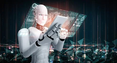 Robot humanoid use mobile phone or tablet for big data analytic Illustrazione stock