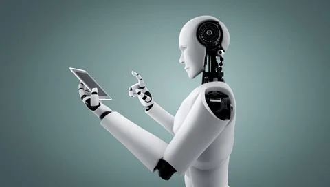 Robot humanoid use mobile phone or tablet in future office Stock Illustration