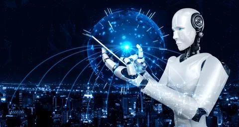 Robot humanoid use mobile phone or tablet for global network connection Stock Illustration