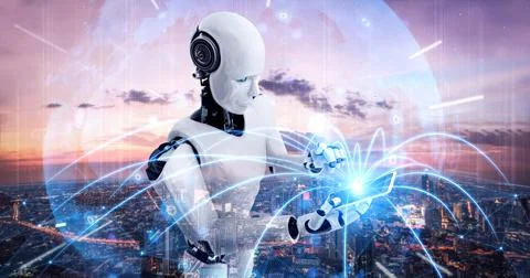 Robot humanoid use mobile phone or tablet for global network connection Stock Illustration