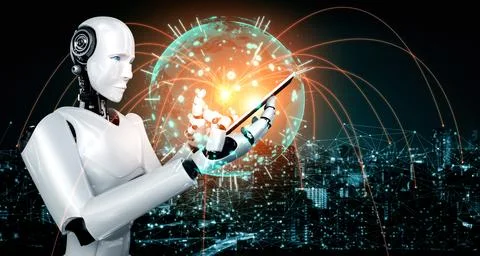 Robot humanoid use mobile phone or tablet for global network connection Stock Illustration