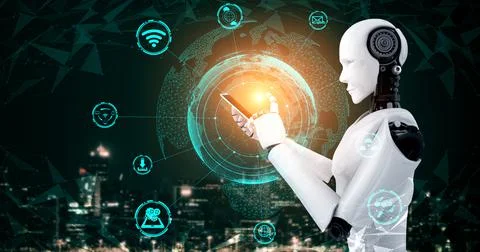 Robot humanoid use mobile phone or tablet for global network connection Stock Illustration