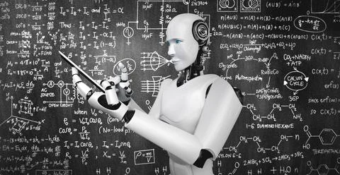 Robot humanoid use mobile phone or tablet for engineering science studying Stock Illustration