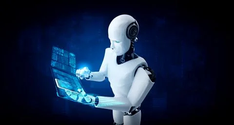 Robot humanoid use mobile phone or tablet for big data analytic Stockillustratie