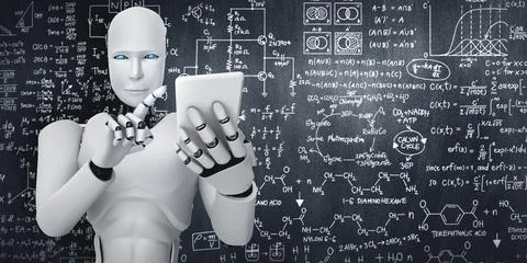 Robot humanoid use mobile phone or tablet for engineering science studying 스톡 일러스트