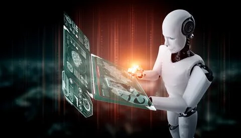 Robot humanoid use mobile phone or tablet for big data analytic 스톡 일러스트