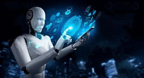 Robot humanoid use mobile phone or tablet for global network connection 스톡 일러스트