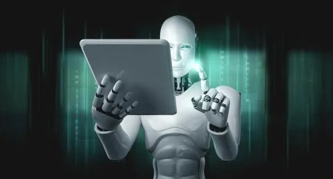 Robot humanoid using tablet computer in future office Stock Illustration