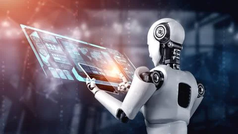 Robot humanoid using tablet computer for big data analytic Stock Illustration