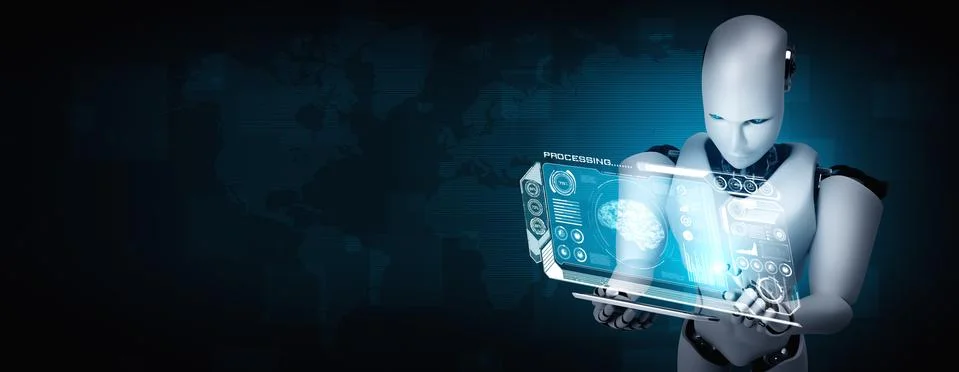 Robot humanoid using tablet computer for big data analytic Stock Illustration