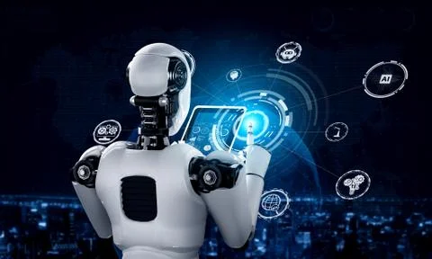 Robot humanoid using tablet computer for global network connection Stock Illustration