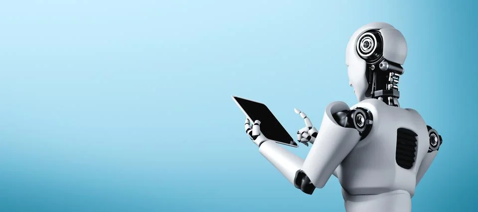 Robot humanoid using tablet computer in future office Stock Illustration